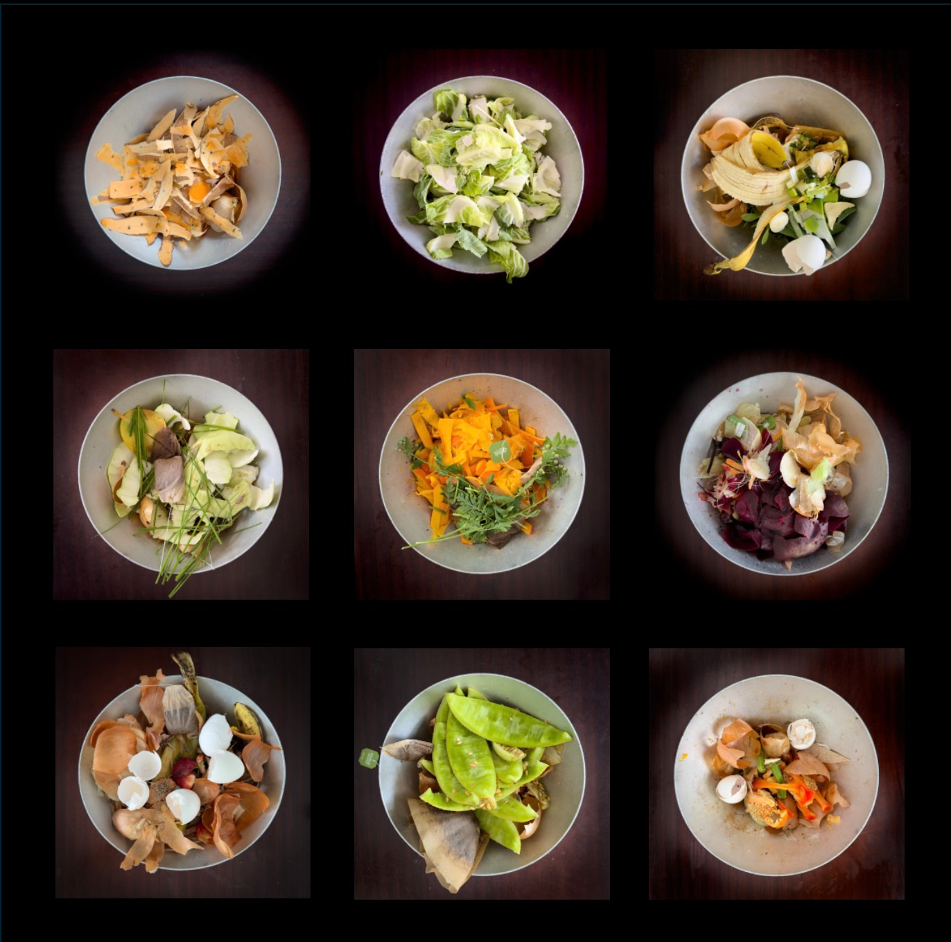 Nine bowls arranged in a grid, each containing a colorful mix of fresh vegetables, herbs, and edible flowers, presented on a dark wooden surface.