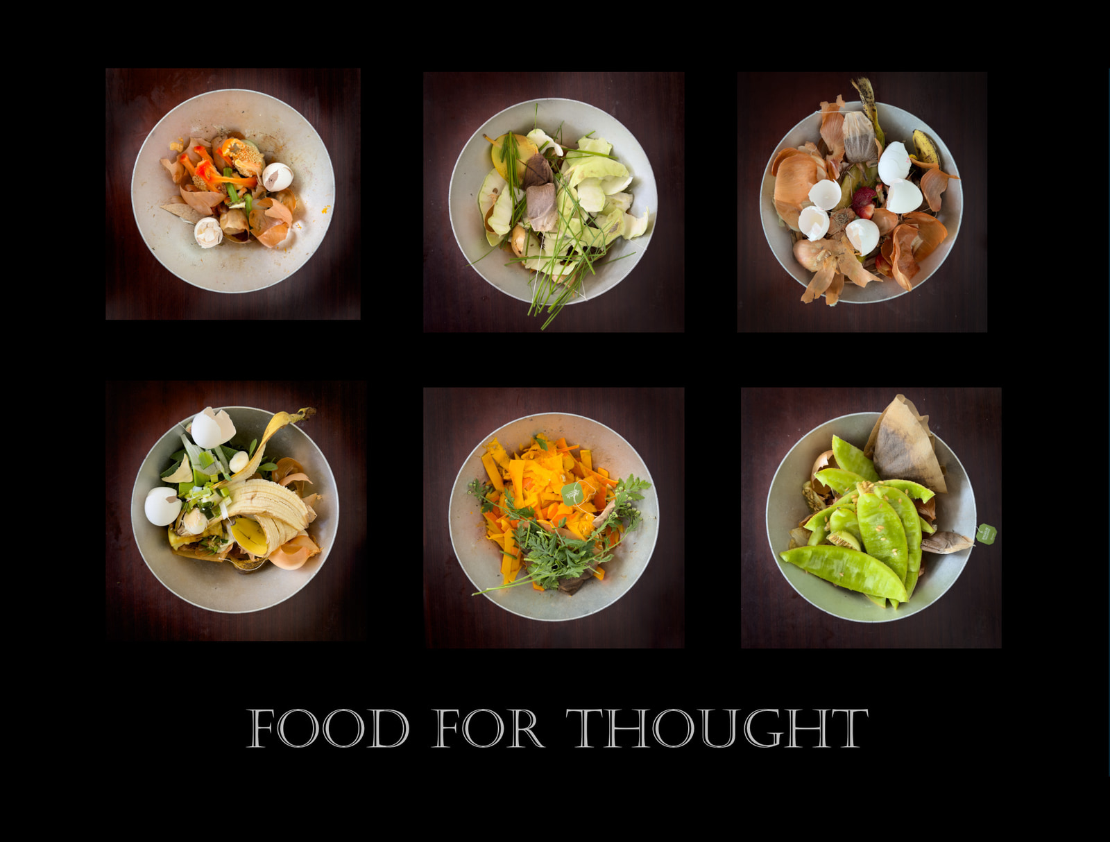 Six bowls of colorful, textured food arrangements featuring vegetables, fruits, and edible textures, each presented on a dark wooden surface.